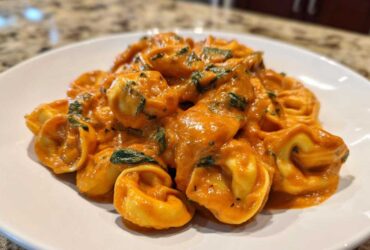 Close-up of a serving of One Pot Creamy Tomato Spinach Tortellini coated in a rich orange sauce.
