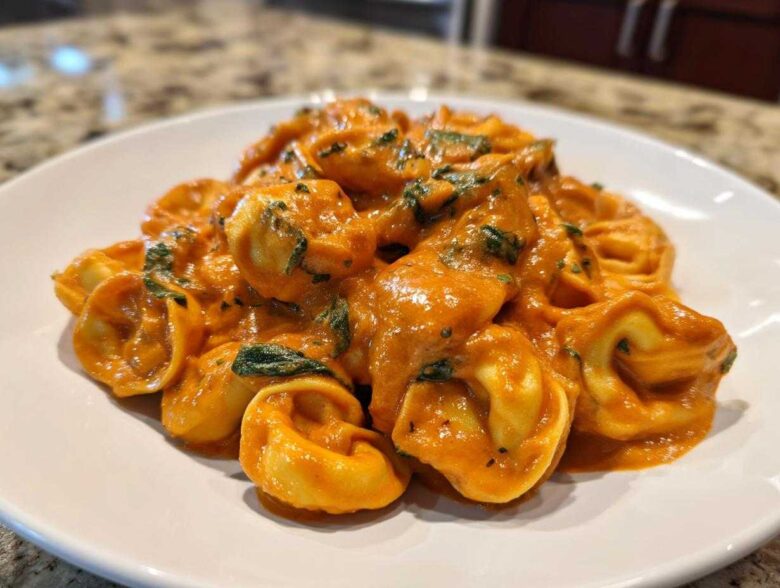 Close-up of a serving of One Pot Creamy Tomato Spinach Tortellini coated in a rich orange sauce.