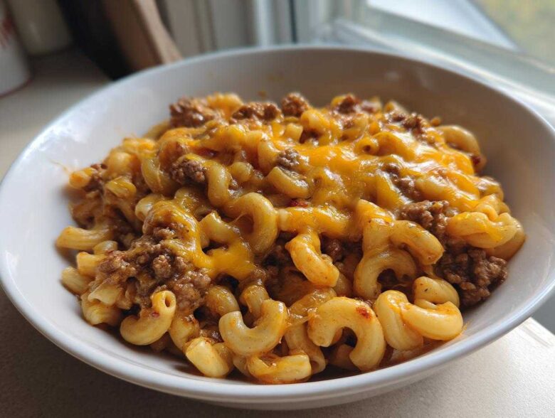 A close-up of a white bowl filled with creamy taco pasta mixed with seasoned ground beef and topped with melted cheddar cheese.