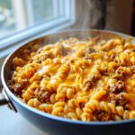 Close-up of steaming hot taco pasta with ground beef and melted cheddar cheese in a skillet.