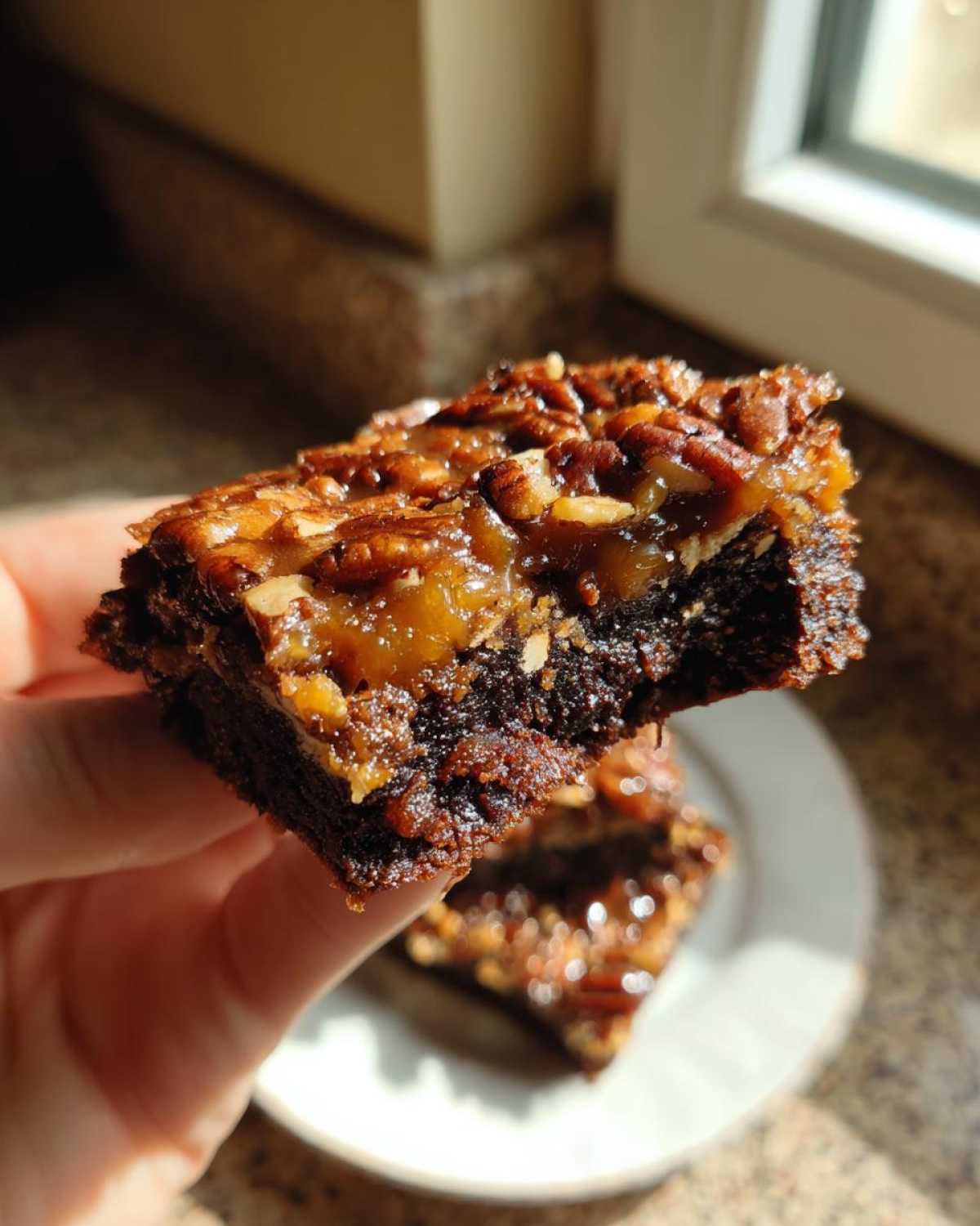 A hand holding a rich, fudgy pecan pie brownies square topped with gooey caramel and pecans.