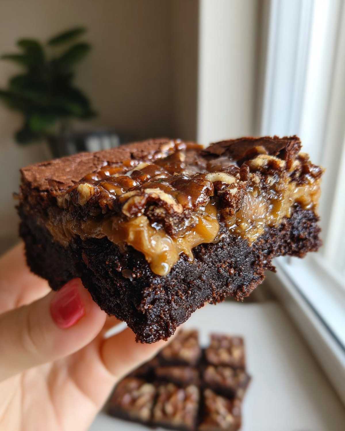 A hand holds up a rich, fudgy pecan pie brownies square showing the gooey caramel and pecan topping.