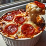A fork pulls a cheesy, stringy bite from a baked cottage cheese pizza bowl topped with melted cheese and pepperoni.