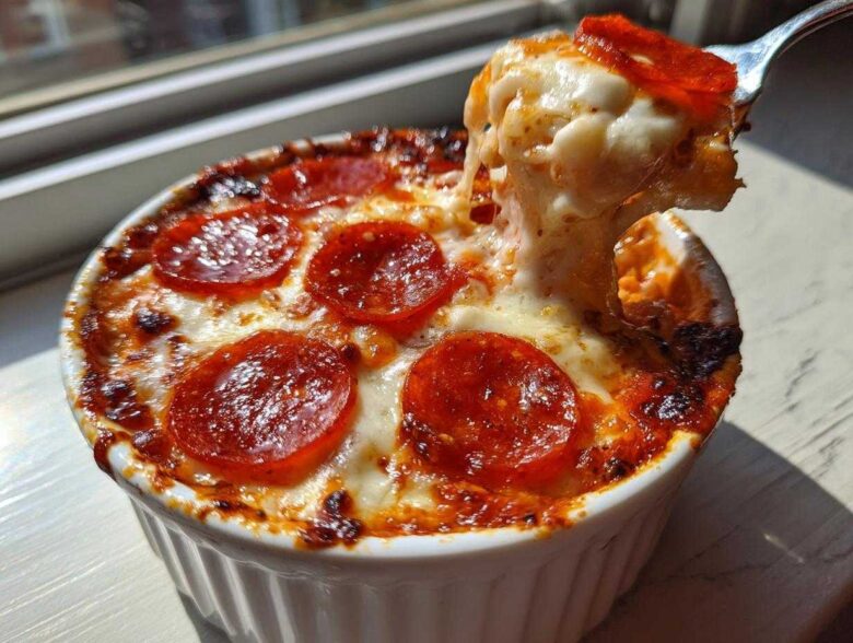 A fork pulls a cheesy, stringy bite from a baked cottage cheese pizza bowl topped with melted cheese and pepperoni.