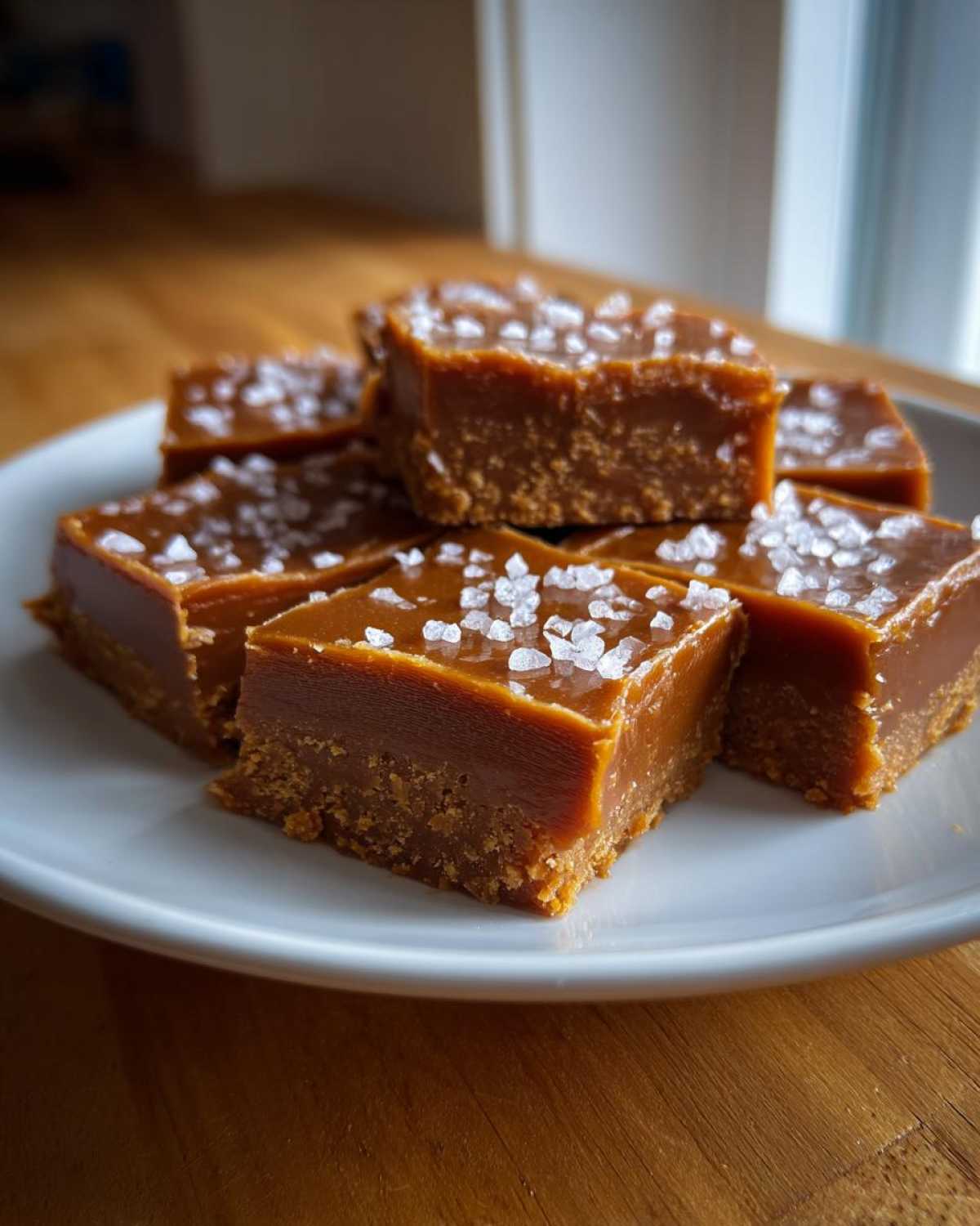A stack of rich, brown salted caramel fudge squares topped with coarse sea salt flakes.
