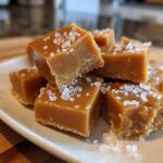 Close-up of several squares of rich, brown salted caramel fudge topped generously with flaky sea salt.