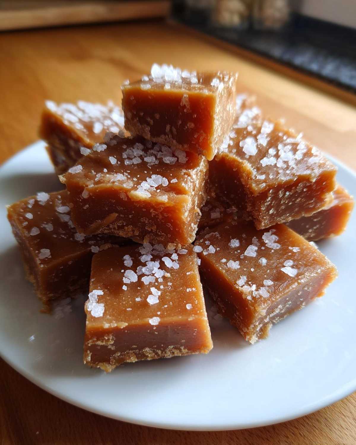 Close-up of rich, brown salted caramel fudge squares stacked on a white plate, topped with coarse sea salt.