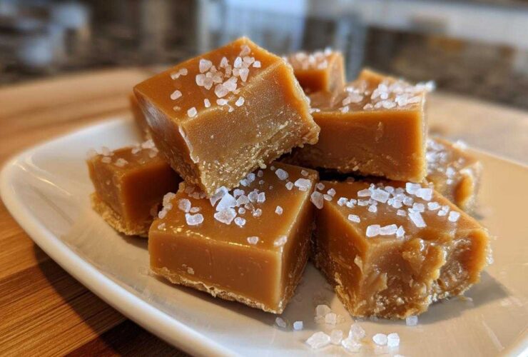 Close-up of several squares of rich, brown salted caramel fudge topped generously with flaky sea salt.