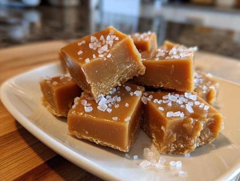 Close-up of several squares of rich, brown salted caramel fudge topped generously with flaky sea salt.