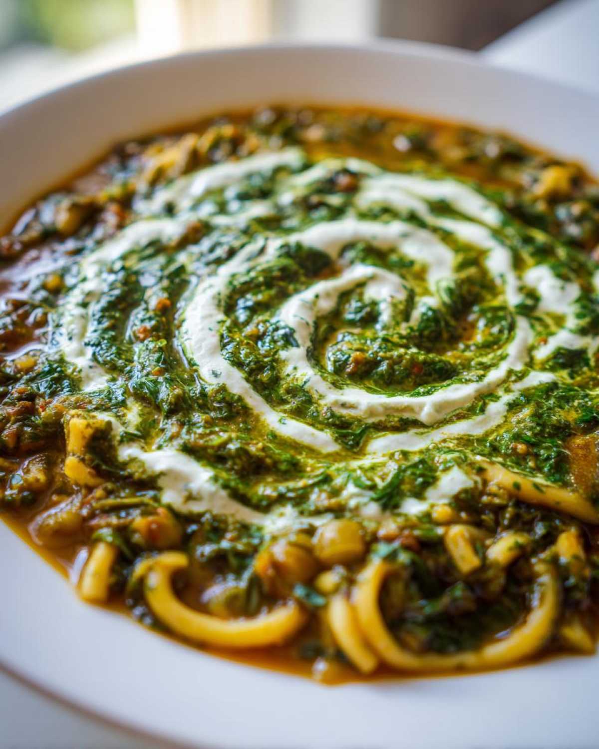 Close-up of a bowl of rich Persian noodle soup topped with green herbs and a decorative white cream swirl.