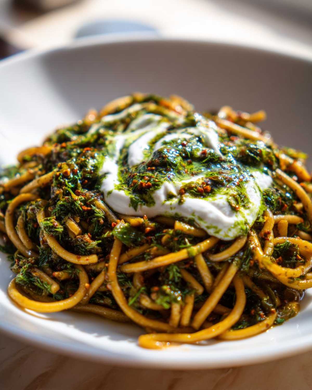 A close-up of a bowl of Persian noodle soup (Ash Reshteh style) featuring thick noodles, green herbs, and a dollop of white yogurt topping.