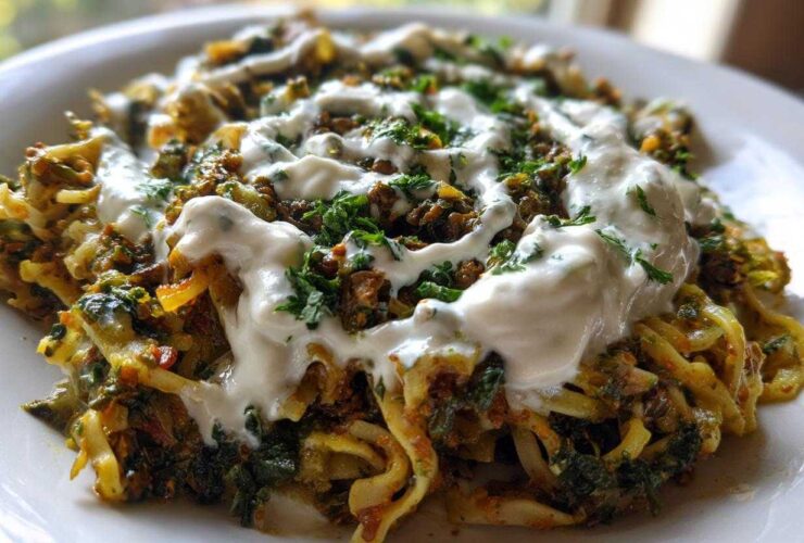 A close-up of a serving of Persian noodle soup (Ash Reshteh style) topped generously with white yogurt sauce and fresh chopped herbs.