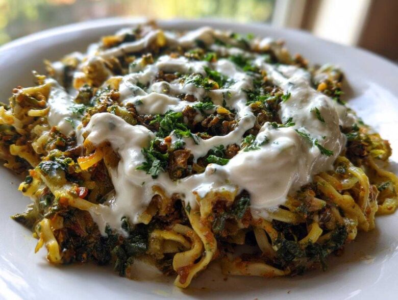 A close-up of a serving of Persian noodle soup (Ash Reshteh style) topped generously with white yogurt sauce and fresh chopped herbs.