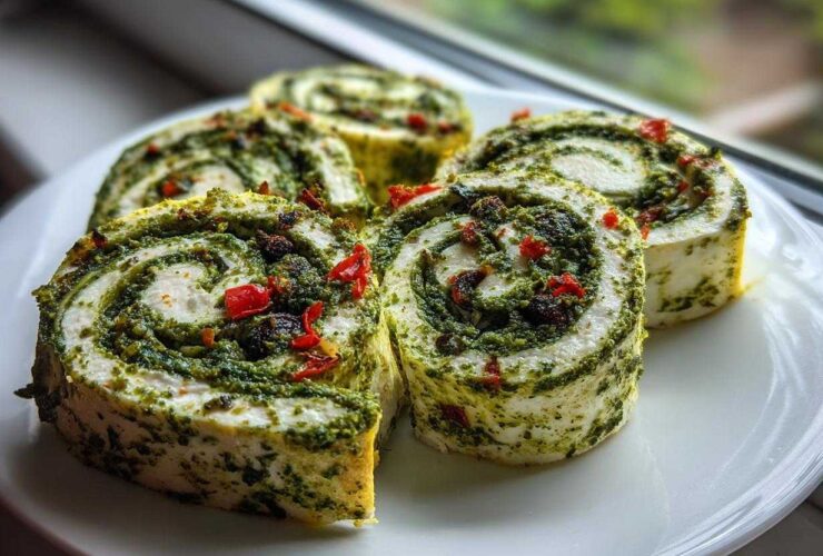 Four slices of creamy white and green pesto italian pinwheels appetizer served on a white plate.