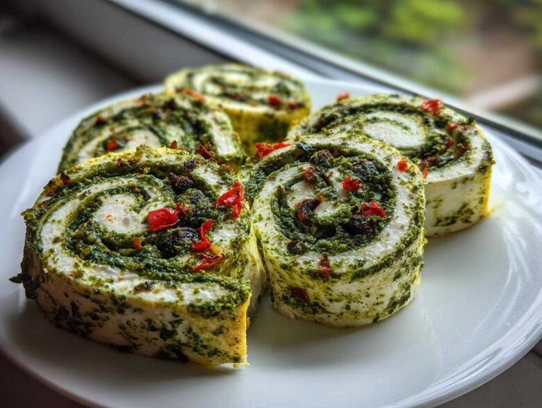 Four slices of creamy white and green pesto italian pinwheels appetizer served on a white plate.