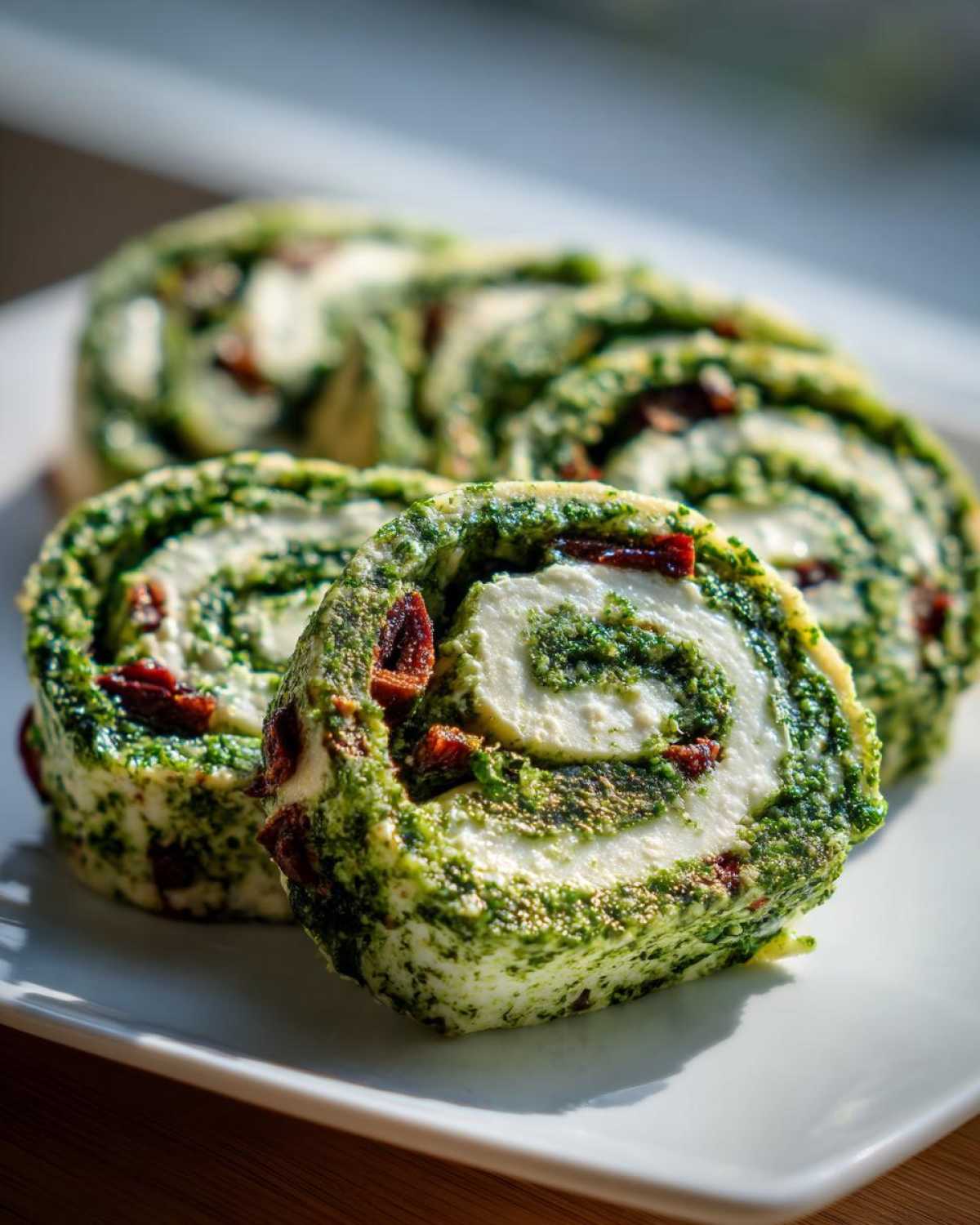 Slices of savory italian pinwheels featuring a white cheese swirl with green pesto and visible pieces of sun-dried tomato.