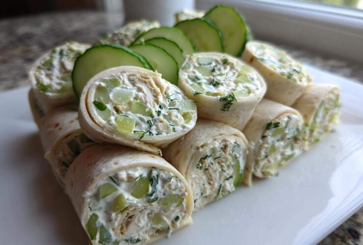 A platter of sliced Pickle Dip Pinwheels Favorite Blogger Recipes, filled with creamy dill mixture and cucumber chunks, garnished with fresh cucumber slices.