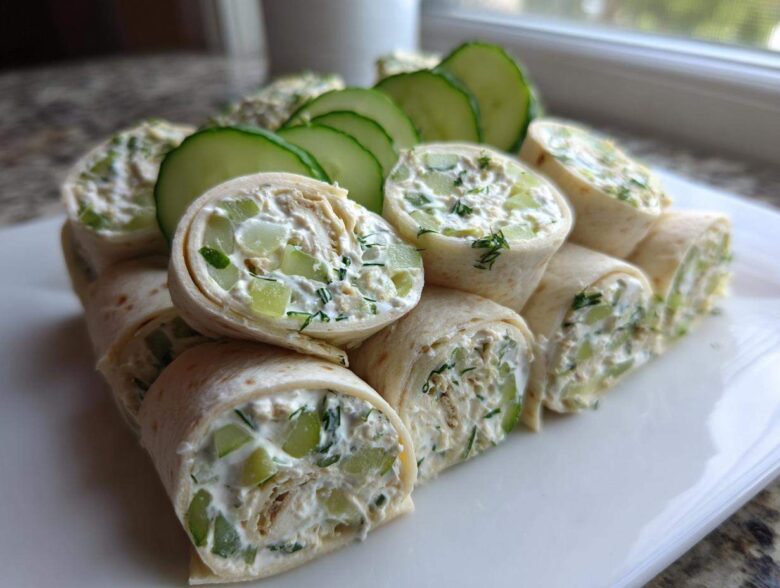 A platter of sliced Pickle Dip Pinwheels Favorite Blogger Recipes, filled with creamy dill mixture and cucumber chunks, garnished with fresh cucumber slices.