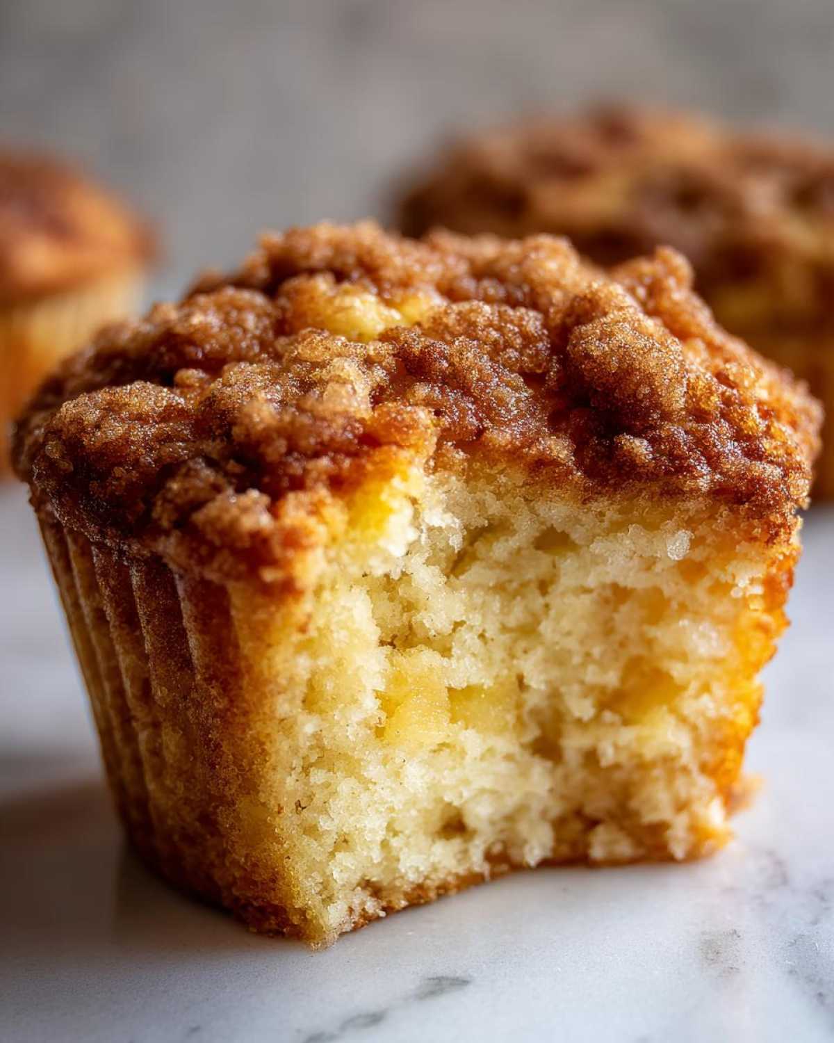 Close-up of a Pineapple Muffins With Crumb Topping with a bite taken out, showing moist cake and pineapple chunks.