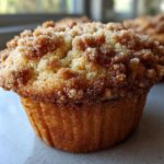 A close-up, low-angle shot of a freshly baked Pineapple Muffins With Crumb Topping featuring a thick, sugary streusel.