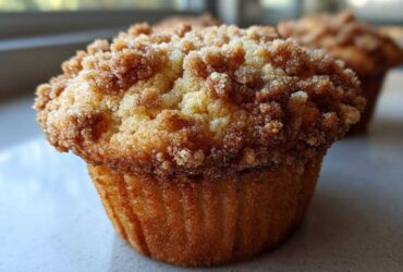 A close-up, low-angle shot of a freshly baked Pineapple Muffins With Crumb Topping featuring a thick, sugary streusel.