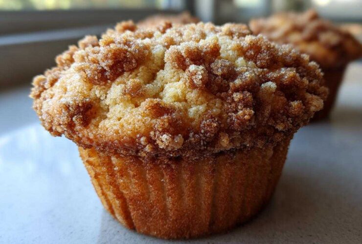 A close-up, low-angle shot of a freshly baked Pineapple Muffins With Crumb Topping featuring a thick, sugary streusel.