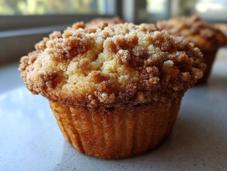 A close-up, low-angle shot of a freshly baked Pineapple Muffins With Crumb Topping featuring a thick, sugary streusel.