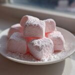 A pile of soft, pink cream cheese mints generously dusted with powdered sugar on a white plate.