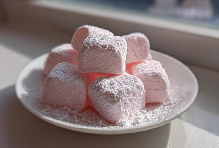 A pile of soft, pink cream cheese mints generously dusted with powdered sugar on a white plate.