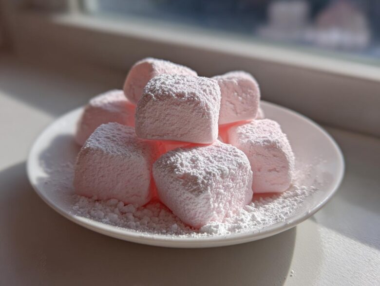 A pile of soft, pink cream cheese mints generously dusted with powdered sugar on a white plate.