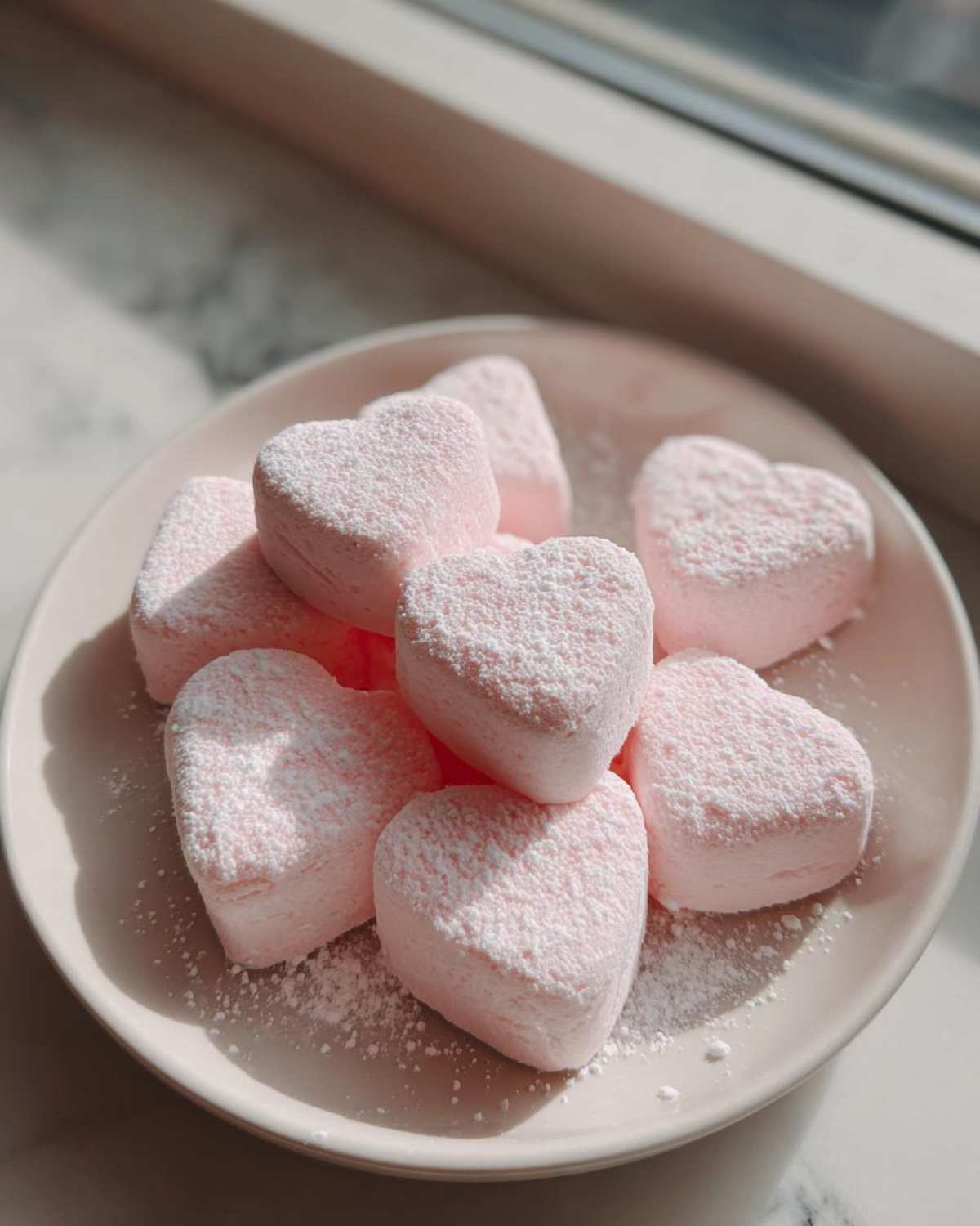 A pile of pink, heart-shaped cream cheese mints dusted heavily with powdered sugar, sitting on a small plate.