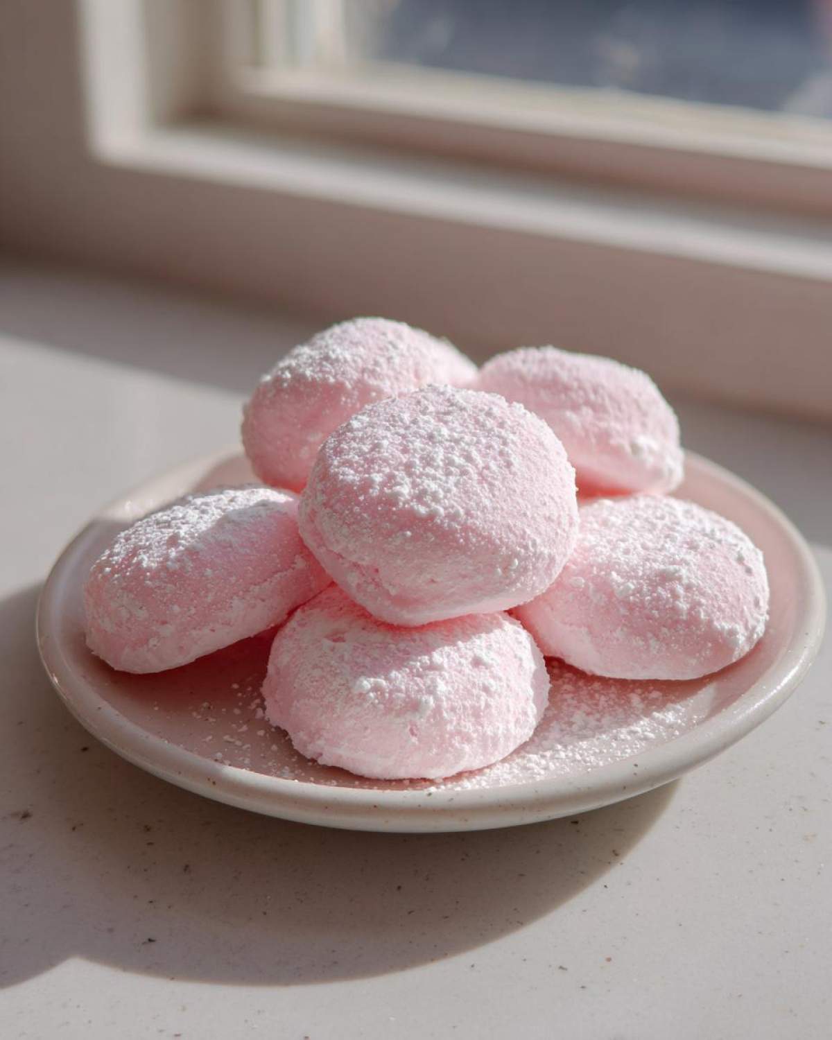 A small stack of six pink cream cheese mints dusted heavily with powdered sugar, resting on a light plate near a window.