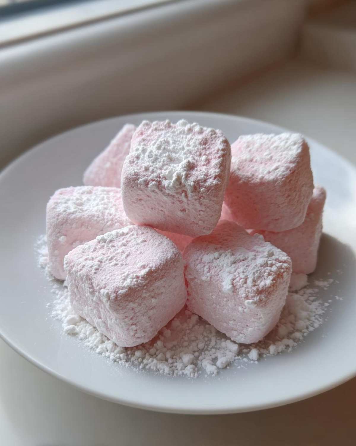A stack of fluffy, pink cream cheese mints generously dusted with powdered sugar on a white plate.