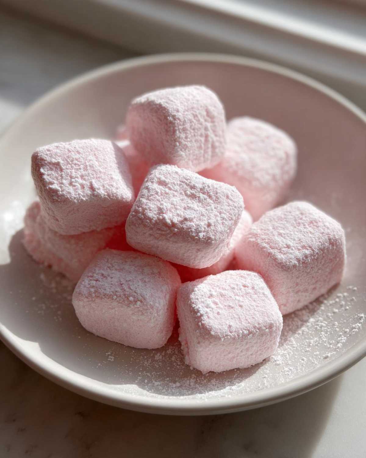 A pile of square, pink cream cheese mints dusted heavily with powdered sugar, sitting in a shallow white bowl.
