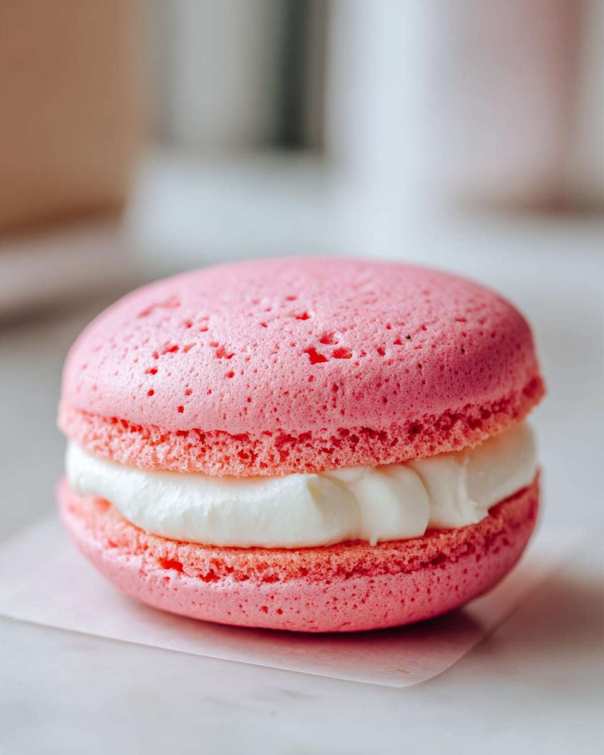Close-up of a pink, domed cookie sandwich filled with thick white cream, similar to a Gluten-Free Strawberry Lemon Whoopie Pie.