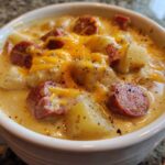 Close-up of a creamy Pioneer Woman Sausage Potato Chowder topped with melted cheddar cheese and black pepper.