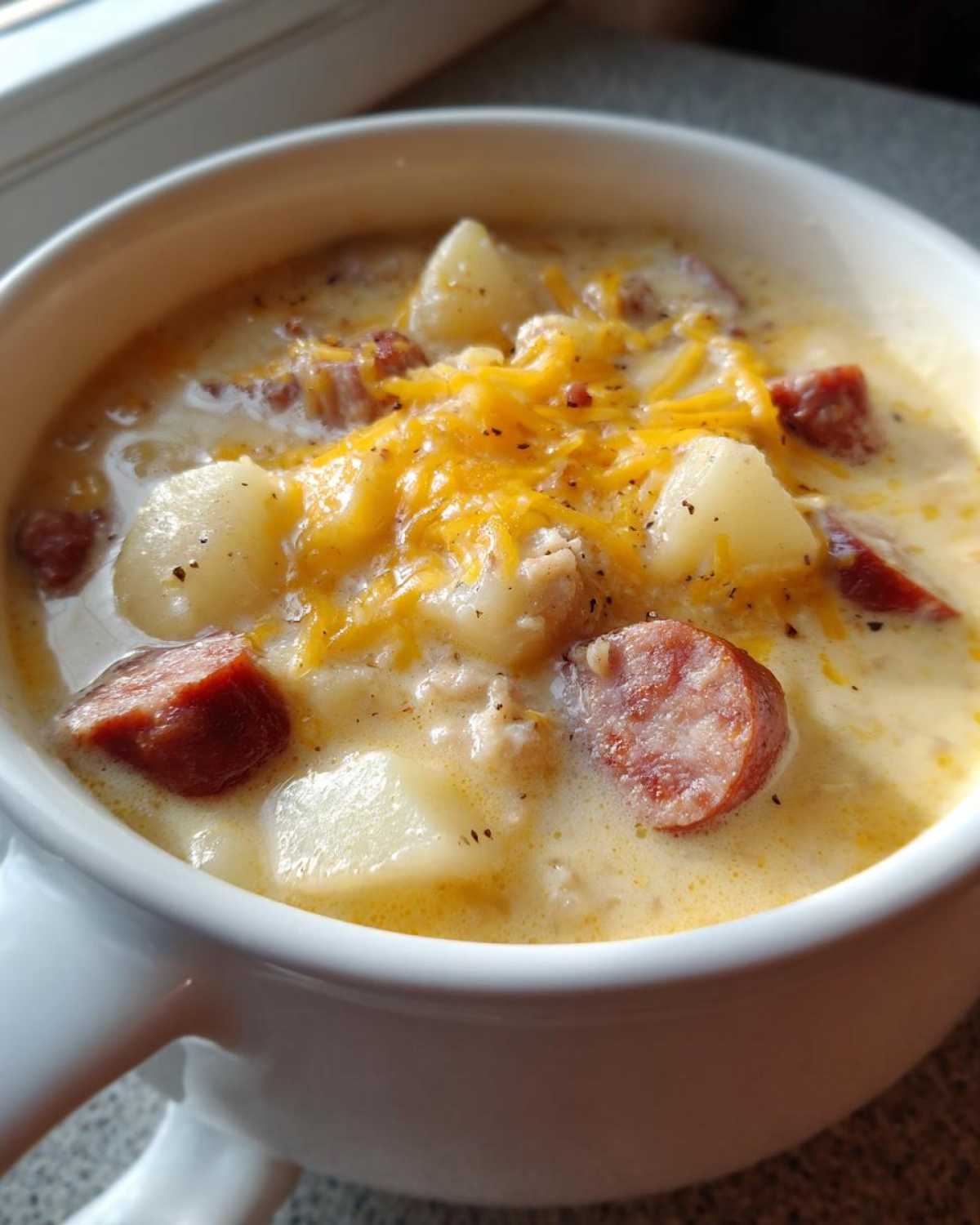 Close-up of creamy Pioneer Woman Sausage Potato Chowder topped with shredded cheddar cheese and black pepper.