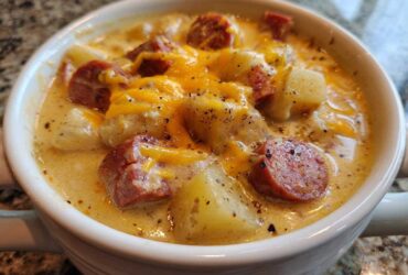Close-up of a creamy Pioneer Woman Sausage Potato Chowder topped with melted cheddar cheese and black pepper.