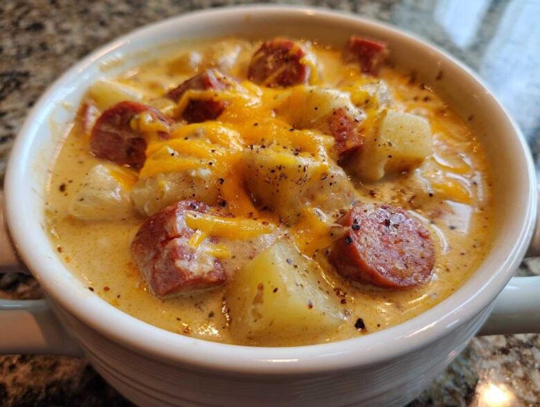 Close-up of a creamy Pioneer Woman Sausage Potato Chowder topped with melted cheddar cheese and black pepper.