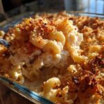 A close-up of a spoonful being lifted from a Pioneer Woman Tuna Noodle Casserole, showing creamy noodles and a golden, crispy topping.