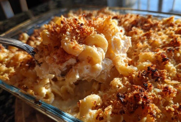 A close-up of a spoonful being lifted from a Pioneer Woman Tuna Noodle Casserole, showing creamy noodles and a golden, crispy topping.