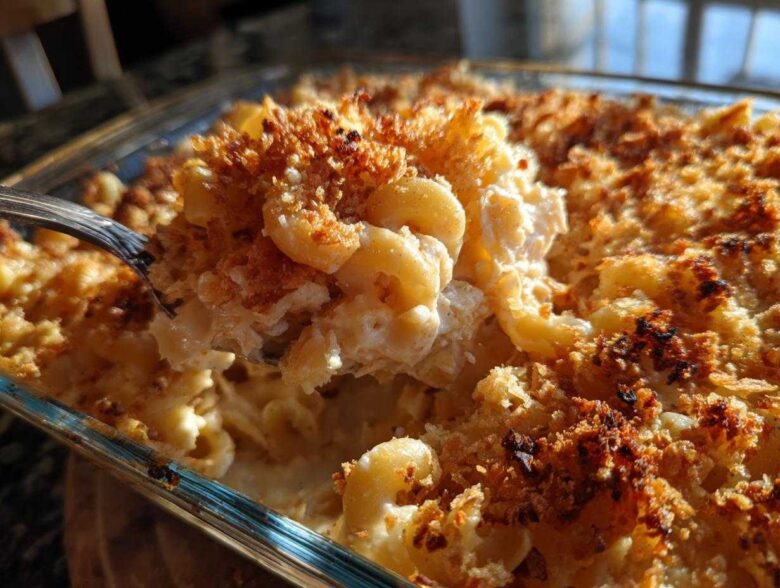 A close-up of a spoonful being lifted from a Pioneer Woman Tuna Noodle Casserole, showing creamy noodles and a golden, crispy topping.