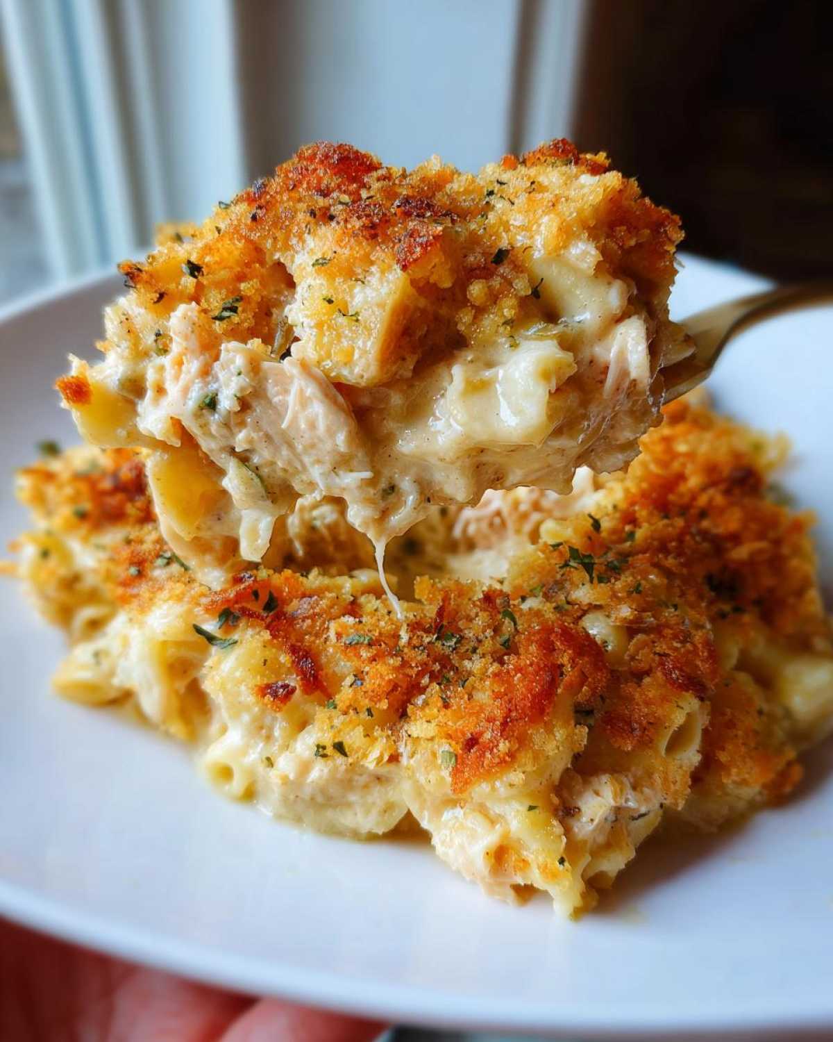A spoonful of creamy Pioneer Woman Tuna Noodle Casserole lifted from the dish, showing tuna, noodles, and a golden breadcrumb topping.
