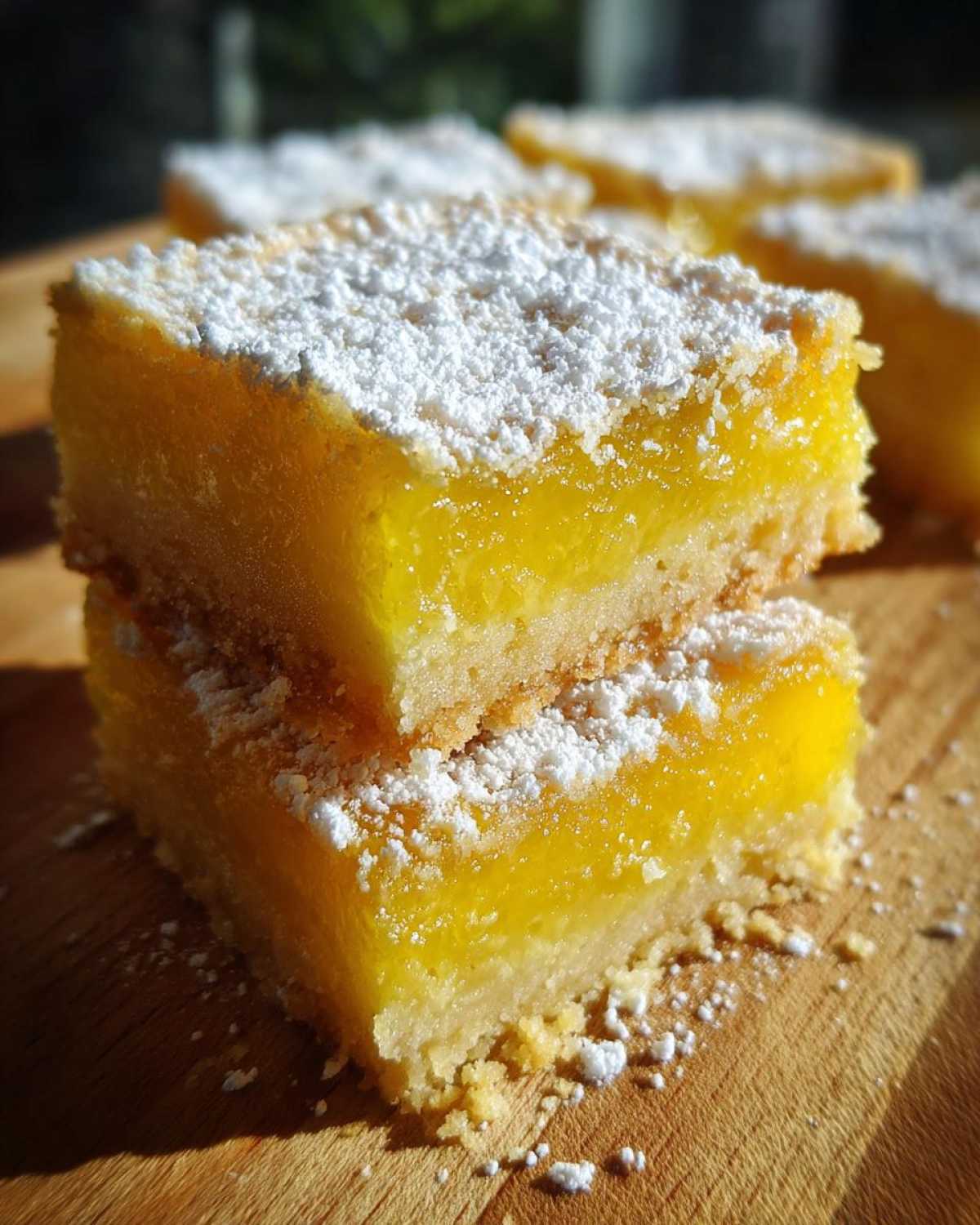Two bright yellow Lemon Bars stacked on a wooden board, generously dusted with white powdered sugar.