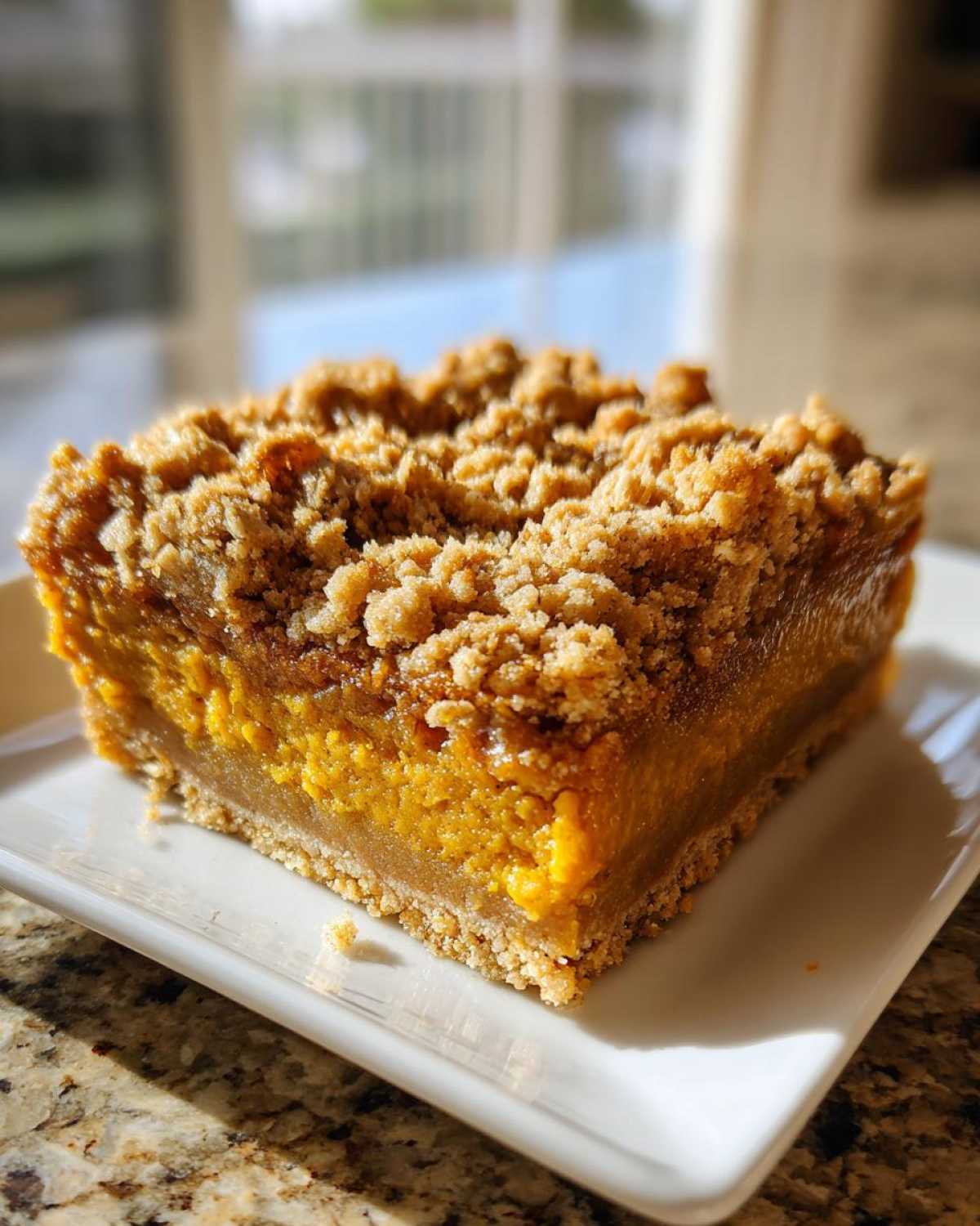 A close-up shot of a thick, square slice of pumpkin crisp bar with a crumbly topping on a white plate.