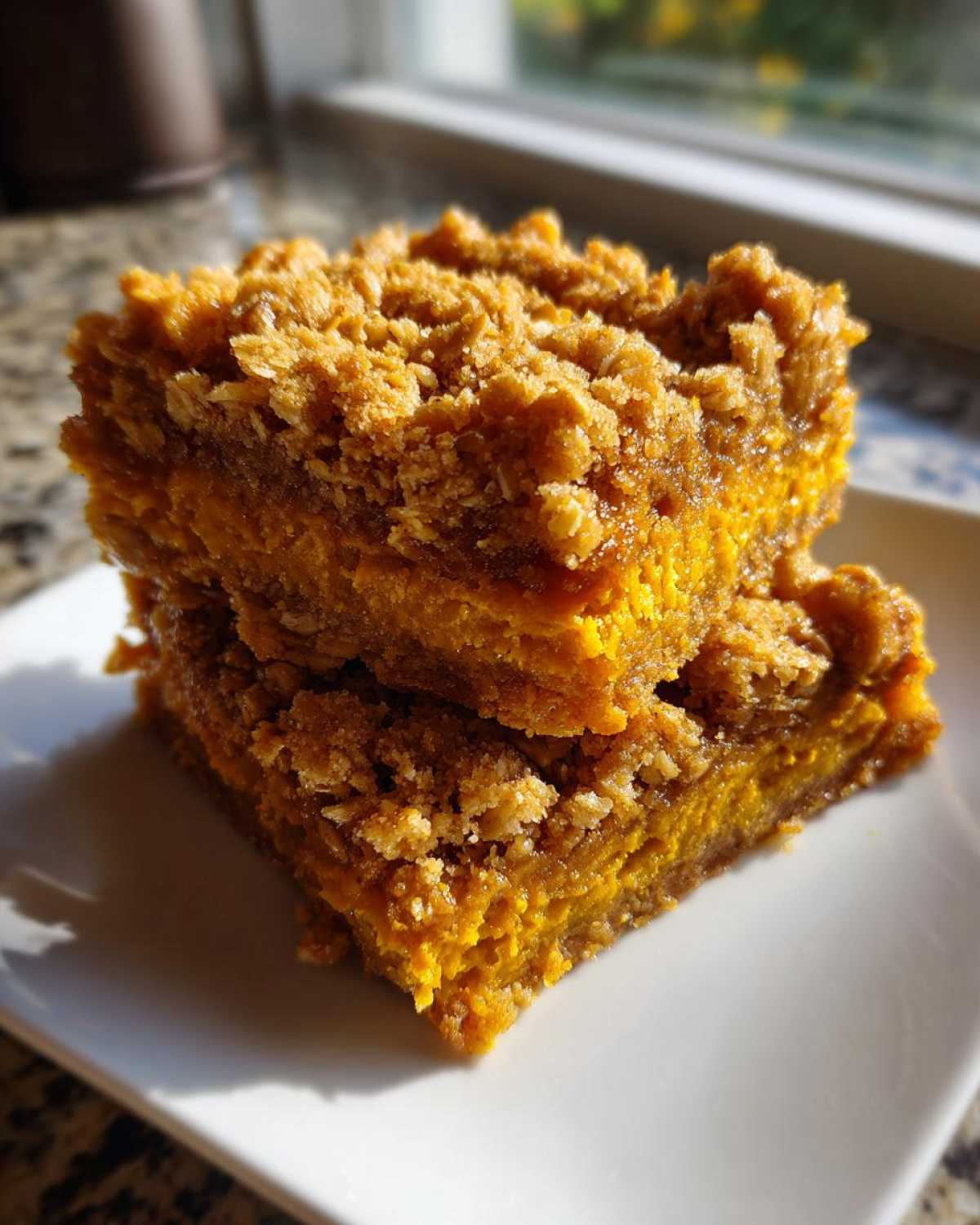 Two stacked squares of bright orange pumpkin crisp bars topped with a thick, crumbly oat topping.