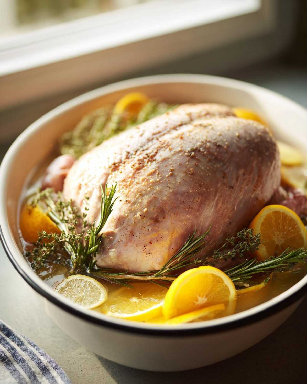 Raw turkey submerged in liquid with orange slices, lemon slices, and rosemary for turkey brine.