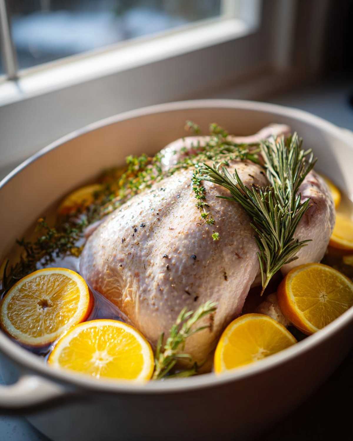 A raw turkey submerged partially in liquid, surrounded by bright orange slices and fresh rosemary, ready for turkey brine.