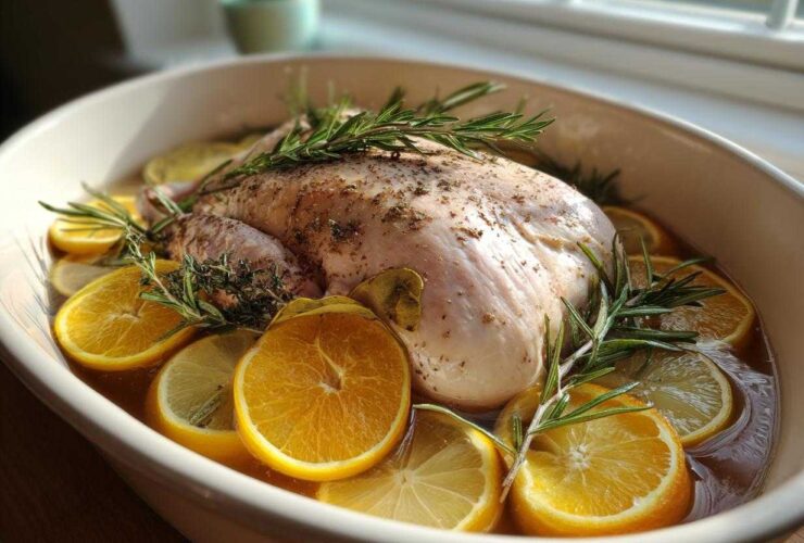 Raw turkey seasoned and submerged in liquid with orange and lemon slices for turkey brine.