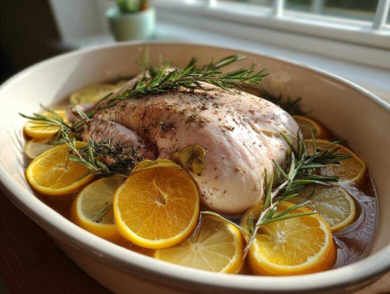 Raw turkey seasoned and submerged in liquid with orange and lemon slices for turkey brine.